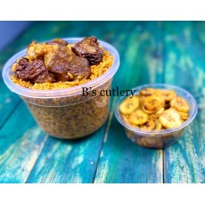 Jollof rice (1.5 litre bowl) , 5 pieces of beef and a mini bowl of plantain