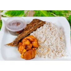 Ofada rice+croacker fish+plantain