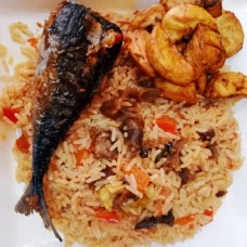 Goat meat jollof rice+titus fish+plantain