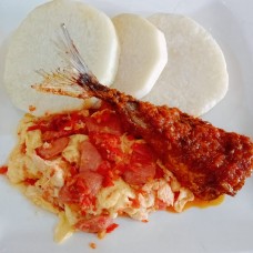 Boiled yam+egg sauce and diced sauages+fish