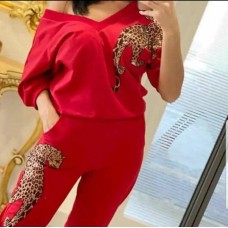 Red v neck turkey off shoulder top and red joggers for women