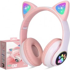Cute cat headphones bluetooth girls glowing wireless earphones with built-in mic,  mp3 player- pink