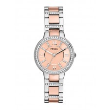 Fossil virginia analog watch for women with stainless steel band, water resistant, es3405, rose gold/silver-rose gold