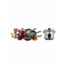 Prestige 16-piece cookware set with rice cooker red/black/silver casserole (24), casserole (28), saucepan (18), milk pan (14), fry pan (24), fry pan (28)cm