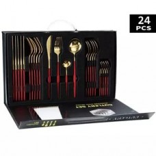 Set of 24pcs gold cutlery spoon fork and knife with red handle