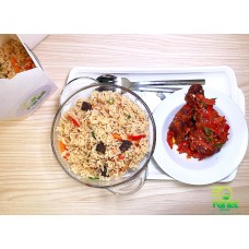 Fried coconut rice and peppered chicken