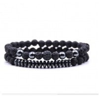 Larva black beads adjustable bracelets 2pcs set