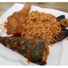 Jollof rice with chicken and fish