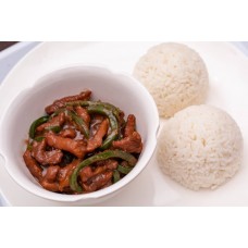 Steamed rice with shredded beef sauce
