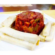 Fried sliced yam with spicy salsa sauce