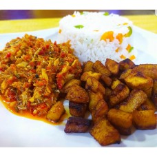 White rice, plantain and fish sauce