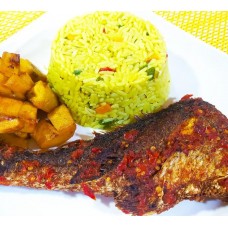 Fried rice with spicy croaker fish & diced plantain