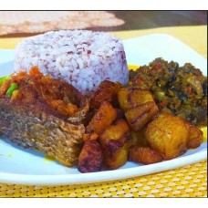 Ofada rice with sauce, plantain & medium croaker