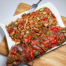 Jambolaya rice and grilled croaker fish
