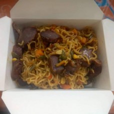 Indomie, gizzard, sausage and egg 