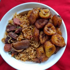 Indomie and shredded asun, sausage and egg 