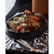 Chicken with vegetable in hot plate and steamed rice