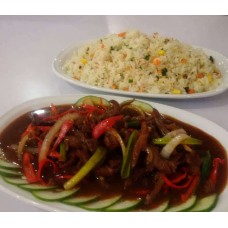 Shredded beef in chili sauce with steamed rice